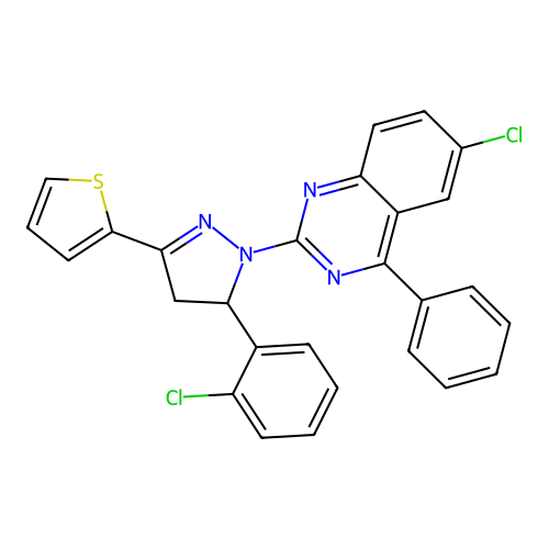 6-chloro-2-[5-(2-chlorophenyl)-3-(thiophen-2-yl)-4,5-dihydro-1H-pyrazol-1-yl]-4-phenylquinazoline structure