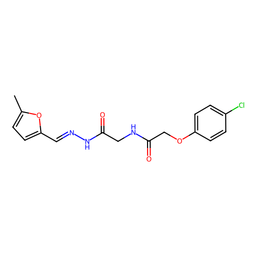 (E)-2-(4-chlorophenoxy)-N-(2-(2-((5-methylfuran-2-yl)methylene)hydrazinyl)-2-oxoethyl)acetamide structure
