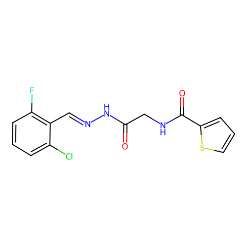 (E)-N-(2-(2-(2-chloro-6-fluorobenzylidene)hydrazinyl)-2-oxoethyl)thiophene-2-carboxamide structure