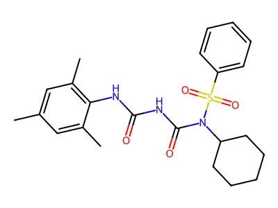 N-cyclohexyl-N-((mesitylcarbamoyl)carbamoyl)benzenesulfonamide structure
