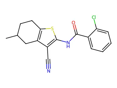 2-chloro-N-(3-cyano-5-methyl-4,5,6,7-tetrahydro-1-benzothiophen-2-yl)benzamide structure
