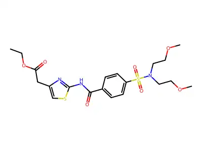 Ethyl 2-[2-[[4-[bis(2-methoxyethyl)sulfamoyl]benzoyl]amino]-1,3-thiazol-4-yl]acetate structure