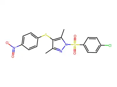 1-(4-Chlorophenyl)sulfonyl-3,5-dimethyl-4-(4-nitrophenyl)sulfanylpyrazole structure
