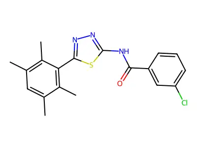 3-chloro-N-[5-(2,3,5,6-tetramethylphenyl)-1,3,4-thiadiazol-2-yl]benzamide structure