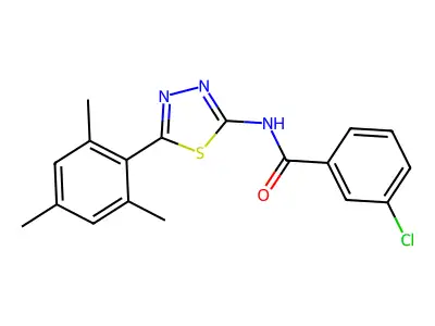 3-chloro-N-[5-(2,4,6-trimethylphenyl)-1,3,4-thiadiazol-2-yl]benzamide structure