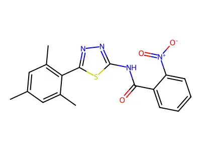 2-nitro-N-[5-(2,4,6-trimethylphenyl)-1,3,4-thiadiazol-2-yl]benzamide structure