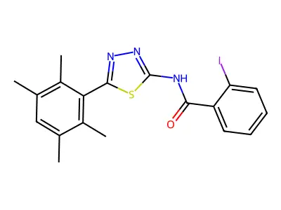 2-iodo-N-[5-(2,3,5,6-tetramethylphenyl)-1,3,4-thiadiazol-2-yl]benzamide structure