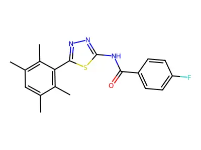 4-fluoro-N-[5-(2,3,5,6-tetramethylphenyl)-1,3,4-thiadiazol-2-yl]benzamide structure