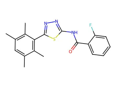 2-fluoro-N-[5-(2,3,5,6-tetramethylphenyl)-1,3,4-thiadiazol-2-yl]benzamide structure