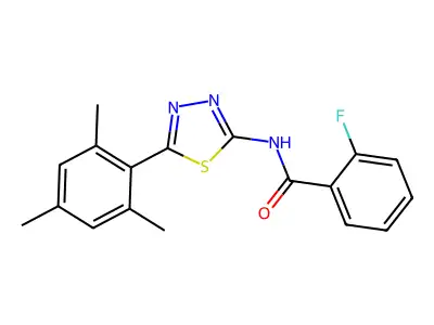 2-fluoro-N-[5-(2,4,6-trimethylphenyl)-1,3,4-thiadiazol-2-yl]benzamide structure