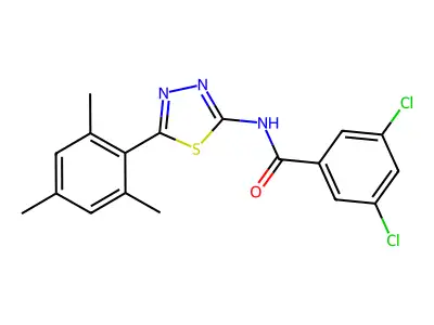 3,5-dichloro-N-[5-(2,4,6-trimethylphenyl)-1,3,4-thiadiazol-2-yl]benzamide structure