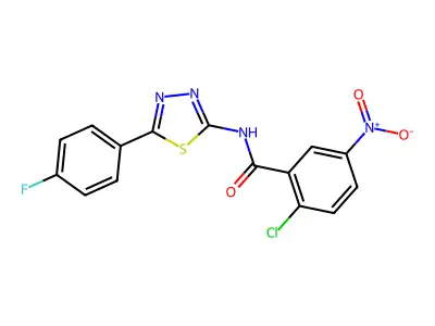 2-chloro-N-[5-(4-fluorophenyl)-1,3,4-thiadiazol-2-yl]-5-nitrobenzamide structure