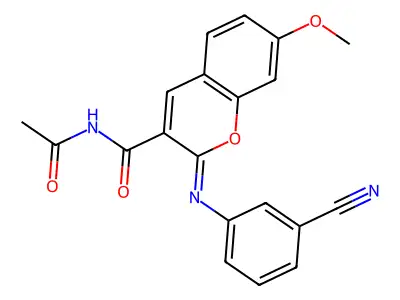 N-acetyl-2-(3-cyanophenyl)imino-7-methoxychromene-3-carboxamide structure