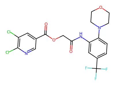 [2-[2-morpholin-4-yl-5-(trifluoromethyl)anilino]-2-oxoethyl] 5,6-dichloropyridine-3-carboxylate structure