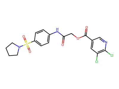 [2-oxo-2-(4-pyrrolidin-1-ylsulfonylanilino)ethyl] 5,6-dichloropyridine-3-carboxylate structure