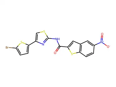 N-[4-(5-bromothiophen-2-yl)-1,3-thiazol-2-yl]-5-nitro-1-benzothiophene-2-carboxamide structure