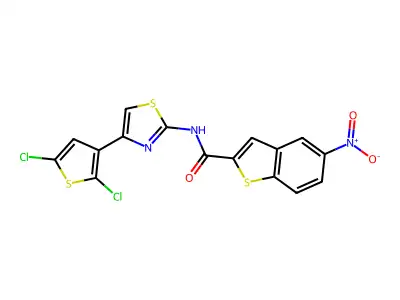 N-[4-(2,5-dichlorothiophen-3-yl)-1,3-thiazol-2-yl]-5-nitro-1-benzothiophene-2-carboxamide structure