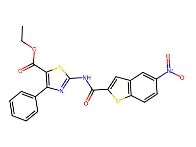 Ethyl 2-(5-nitrobenzo[b]thiophene-2-carboxamido)-4-phenylthiazole-5-carboxylate structure
