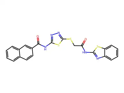 N-(5-((2-(benzo[d]thiazol-2-ylamino)-2-oxoethyl)thio)-1,3,4-thiadiazol-2-yl)-2-naphthamide structure