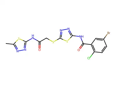 5-bromo-2-chloro-N-(5-((2-((5-methyl-1,3,4-thiadiazol-2-yl)amino)-2-oxoethyl)thio)-1,3,4-thiadiazol-2-yl)benzamide structure