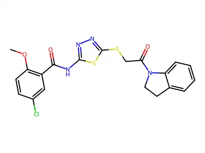5-chloro-N-(5-((2-(indolin-1-yl)-2-oxoethyl)thio)-1,3,4-thiadiazol-2-yl)-2-methoxybenzamide structure