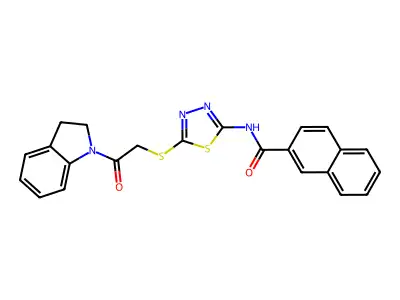 N-(5-((2-(indolin-1-yl)-2-oxoethyl)thio)-1,3,4-thiadiazol-2-yl)-2-naphthamide structure