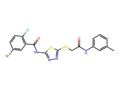 5-bromo-2-chloro-N-(5-((2-oxo-2-(m-tolylamino)ethyl)thio)-1,3,4-thiadiazol-2-yl)benzamide structure