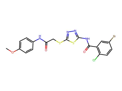 5-bromo-2-chloro-N-(5-((2-((4-methoxyphenyl)amino)-2-oxoethyl)thio)-1,3,4-thiadiazol-2-yl)benzamide structure