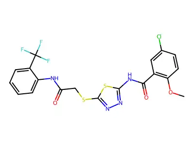 5-chloro-2-methoxy-N-(5-((2-oxo-2-((2-(trifluoromethyl)phenyl)amino)ethyl)thio)-1,3,4-thiadiazol-2-yl)benzamide structure