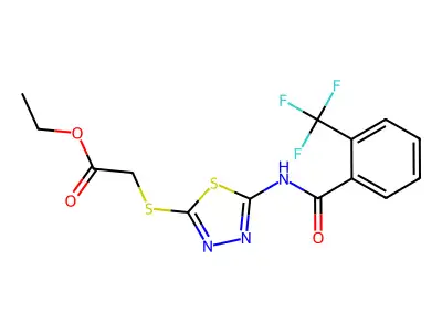 Ethyl 2-((5-(2-(trifluoromethyl)benzamido)-1,3,4-thiadiazol-2-yl)thio)acetate structure