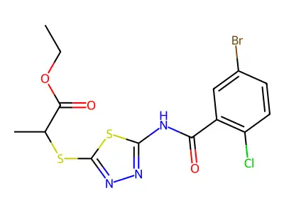 Ethyl 2-((5-(5-bromo-2-chlorobenzamido)-1,3,4-thiadiazol-2-yl)thio)propanoate structure