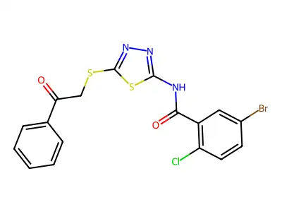 5-bromo-2-chloro-N-(5-phenacylsulfanyl-1,3,4-thiadiazol-2-yl)benzamide structure