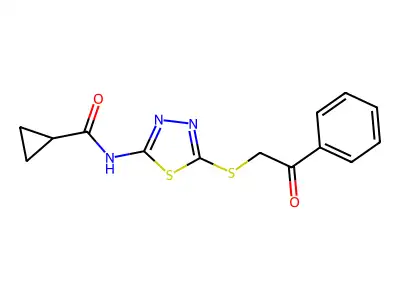 N-(5-((2-oxo-2-phenylethyl)thio)-1,3,4-thiadiazol-2-yl)cyclopropanecarboxamide structure