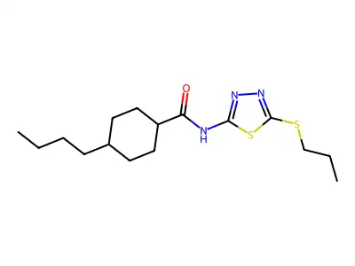 4-butyl-N-(5-(propylthio)-1,3,4-thiadiazol-2-yl)cyclohexanecarboxamide structure
