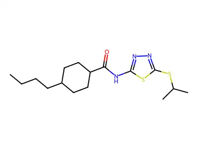 4-butyl-N-(5-(isopropylthio)-1,3,4-thiadiazol-2-yl)cyclohexanecarboxamide structure