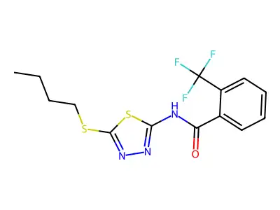 N-(5-(butylthio)-1,3,4-thiadiazol-2-yl)-2-(trifluoromethyl)benzamide structure