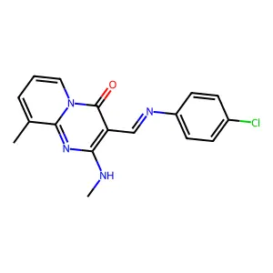(E)-3-(((4-chlorophenyl)imino)methyl)-9-methyl-2-(methylamino)-4H-pyrido[1,2-a]pyrimidin-4-one structure