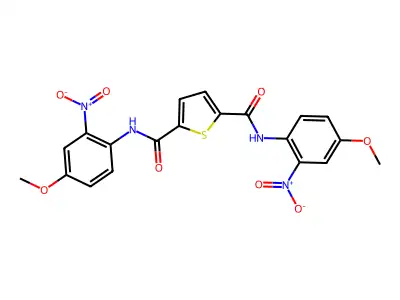 N2,N5-bis(4-methoxy-2-nitrophenyl)thiophene-2,5-dicarboxamide structure