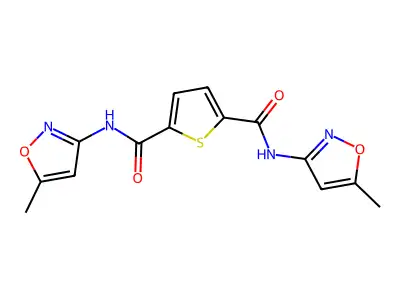 N2,N5-bis(5-methylisoxazol-3-yl)thiophene-2,5-dicarboxamide structure