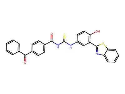 N-((3-(benzo[d]thiazol-2-yl)-4-hydroxyphenyl)carbamothioyl)-4-benzoylbenzamide structure