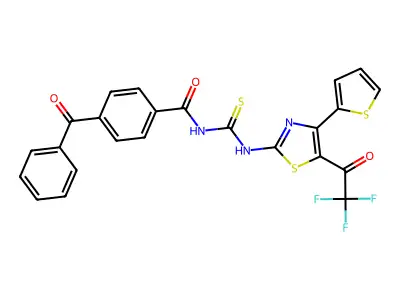 4-benzoyl-N-((4-(thiophen-2-yl)-5-(2,2,2-trifluoroacetyl)thiazol-2-yl)carbamothioyl)benzamide structure