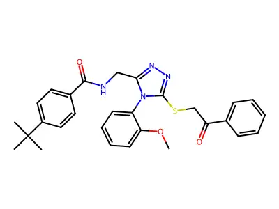4-(tert-butyl)-N-((4-(2-methoxyphenyl)-5-((2-oxo-2-phenylethyl)thio)-4H-1,2,4-triazol-3-yl)methyl)benzamide structure