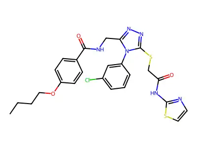4-butoxy-N-((4-(3-chlorophenyl)-5-((2-oxo-2-(thiazol-2-ylamino)ethyl)thio)-4H-1,2,4-triazol-3-yl)methyl)benzamide structure