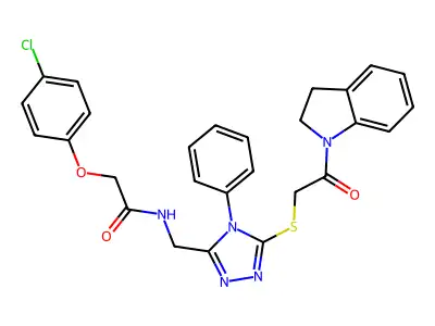 2-(4-chlorophenoxy)-N-((5-((2-(indolin-1-yl)-2-oxoethyl)thio)-4-phenyl-4H-1,2,4-triazol-3-yl)methyl)acetamide structure