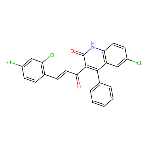 (E)-6-chloro-3-(3-(2,4-dichlorophenyl)acryloyl)-4-phenylquinolin-2(1H)-one structure