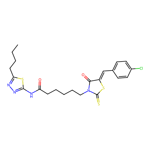 N-(5-butyl-1,3,4-thiadiazol-2-yl)-6-[(5Z)-5-[(4-chlorophenyl)methylidene]-4-oxo-2-sulfanylidene-1,3-thiazolidin-3-yl]hexanamide structure