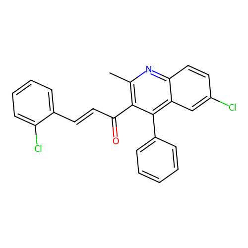 (E)-1-(6-chloro-2-methyl-4-phenylquinolin-3-yl)-3-(2-chlorophenyl)prop-2-en-1-one structure