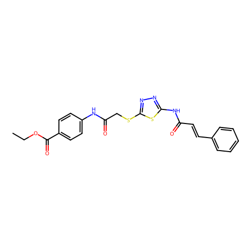 (E)-ethyl 4-(2-((5-cinnamamido-1,3,4-thiadiazol-2-yl)thio)acetamido)benzoate structure