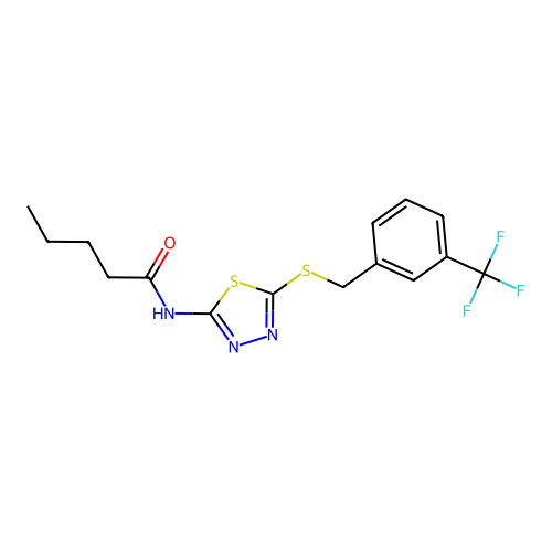 N-(5-((3-(trifluoromethyl)benzyl)thio)-1,3,4-thiadiazol-2-yl)pentanamide structure