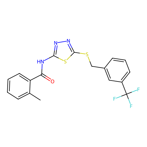 2-methyl-N-(5-((3-(trifluoromethyl)benzyl)thio)-1,3,4-thiadiazol-2-yl)benzamide structure